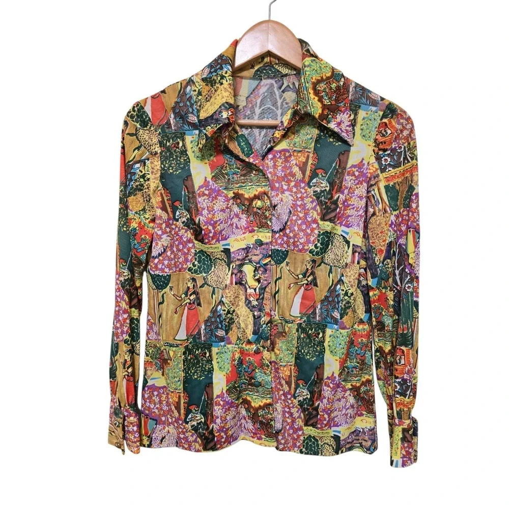 70s Vintage Long Dress Indian Gods Patchwork Print And Matching Shirt Hippie‎
